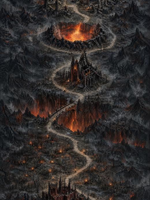 Painted map of the Ashlands: a trail leads through burnt hills past glowing craters.