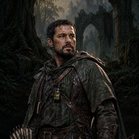 The Hunter: bearded, in a green hooded cloak, with a bow and a quiver.