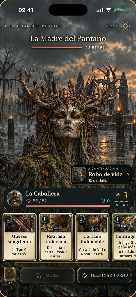 Un combate contra la Madre del Pantano en iPhone. Arriba, la enemiga anuncia su próximo movimiento. Abajo, la Caballera con 52 de 52 de Vida, 3 de Energía y su mano de cartas.