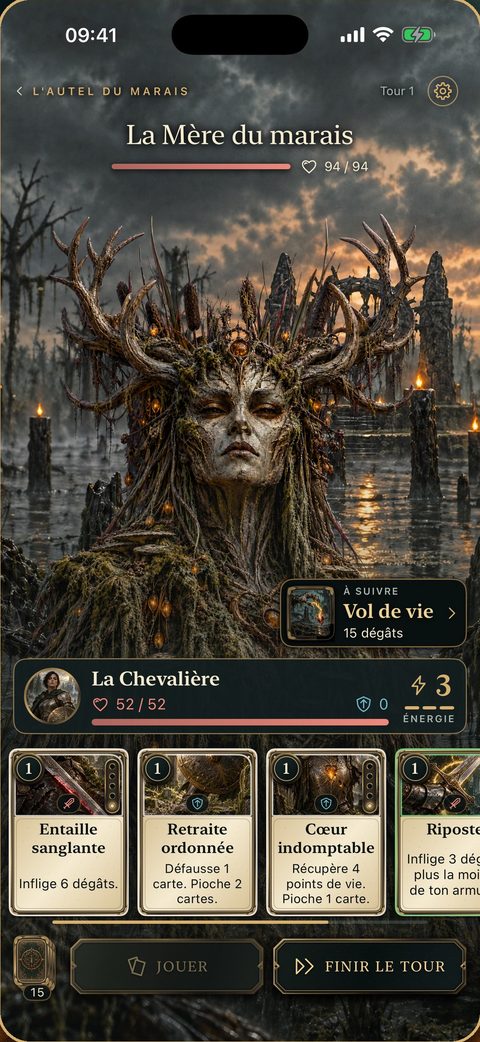 Un combat contre la Mère du marais sur iPhone. En haut, l’ennemie annonce sa prochaine action. En dessous, la Chevalière avec 52 points de vie sur 52, 3 d’énergie et sa main de cartes.