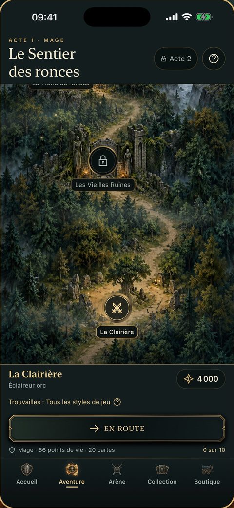 Carte peinte de l’acte I, le Sentier des ronces, avec ses étapes. Une clairière est sélectionnée, avec le bouton En route.