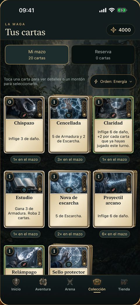 La colección de cartas de la Maga, con mazo y reserva: hechizos de escarcha y hechizos arcanos.