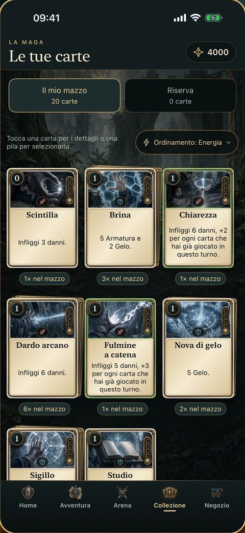 La collezione di carte della Maga, con mazzo e riserva: incantesimi di gelo e arcani.