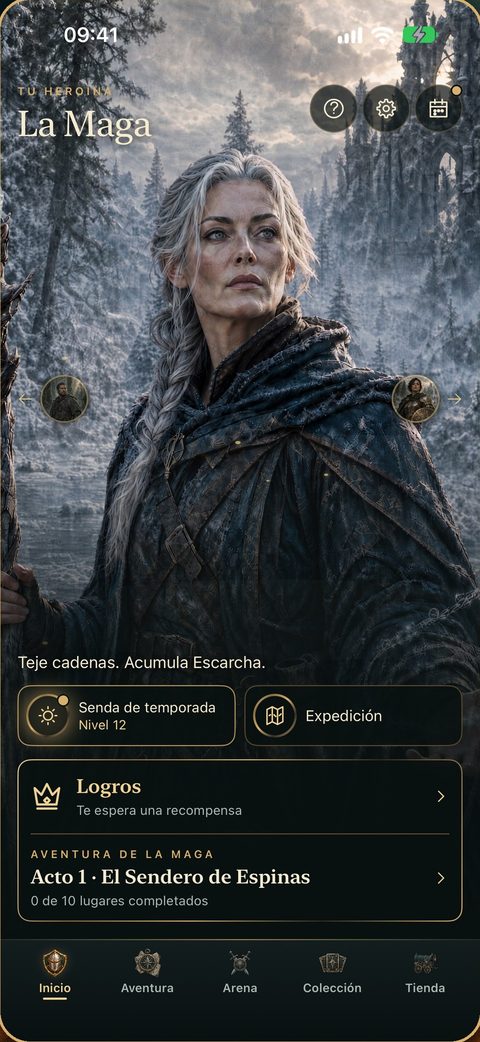 Pantalla de inicio con la Maga. Debajo: Senda de temporada, Expedición, Logros y la aventura Acto 1, El Sendero de Espinas.