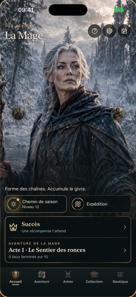L’écran d’accueil avec la Mage. En dessous : Chemin de saison, Expédition, Succès et l’aventure Acte 1, le Sentier des ronces.