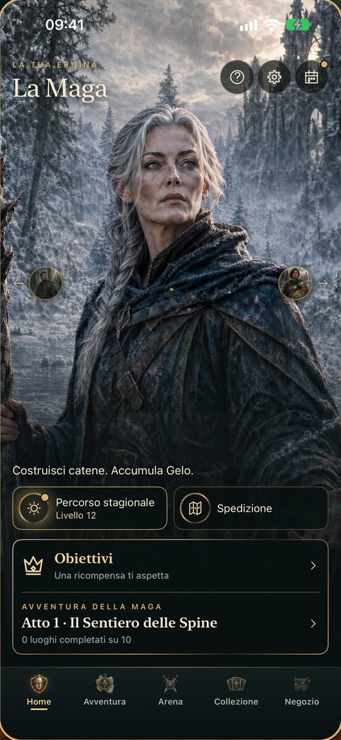 La schermata Home con la Maga. Sotto: Percorso stagionale, Spedizione, Obiettivi e l’avventura Atto 1, Il Sentiero delle Spine.