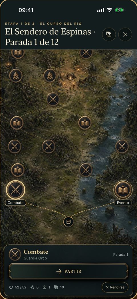 El mapa de la expedición, con caminos que se bifurcan hacia un combate, un evento y más paradas.