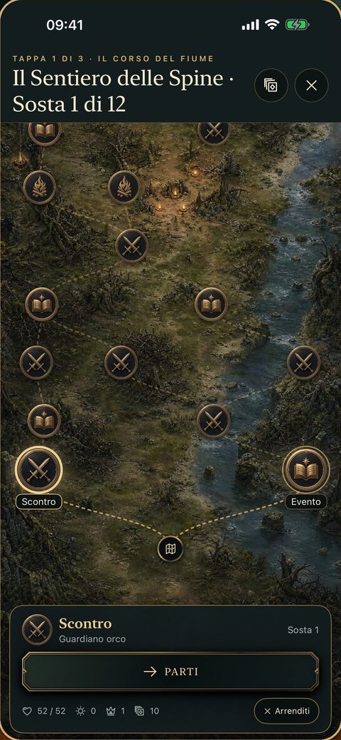 La mappa della spedizione, con sentieri che si diramano verso uno scontro, un evento e altre soste.